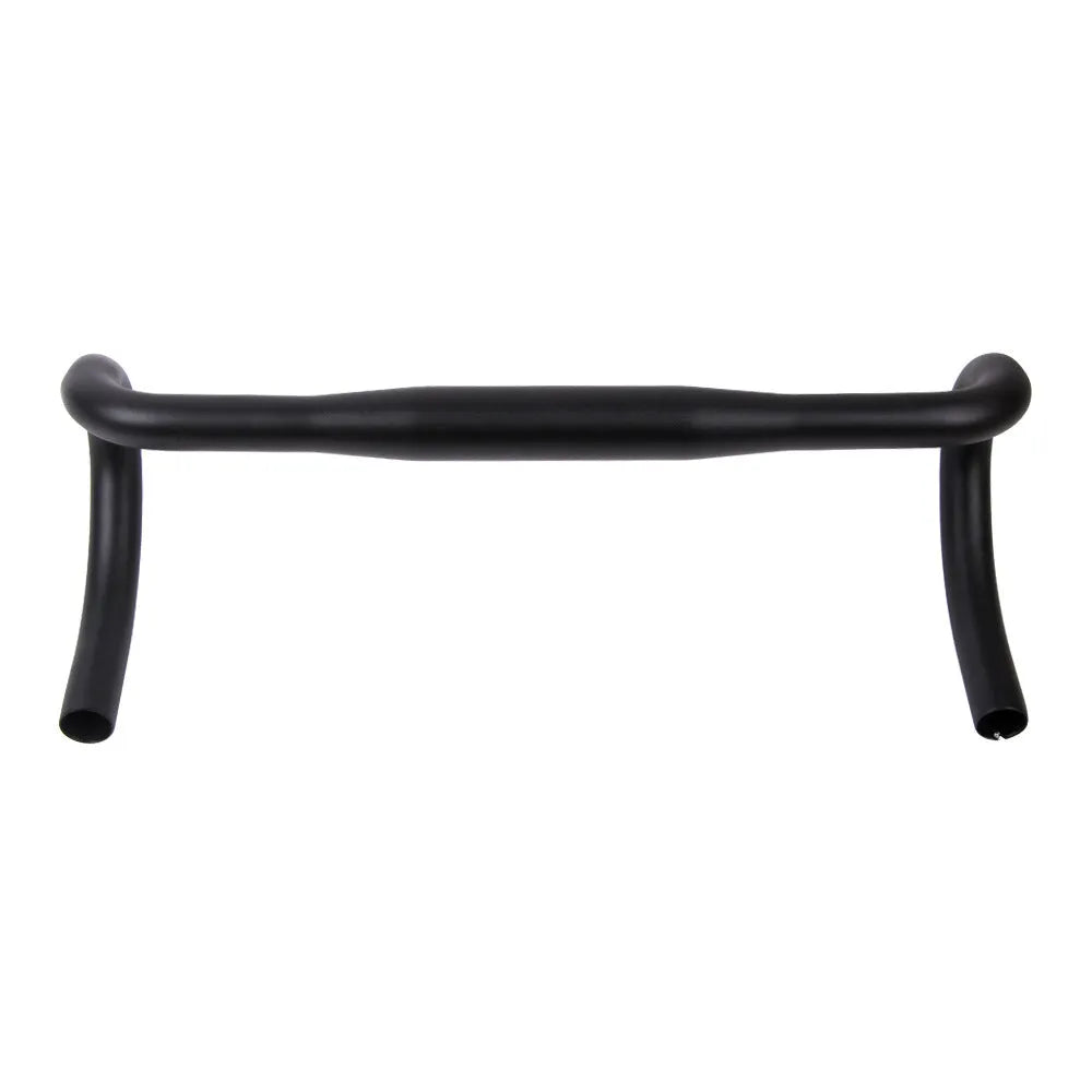 Black aluminium alloy road bike bent handlebar showing clamp area and printed size marking.