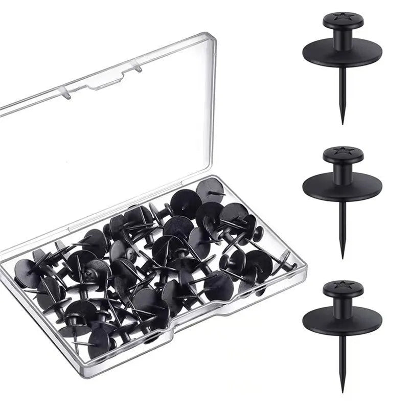 Black plastic I-shaped corkboard pins in a pp box, available as 30, 50 or 80 pieces per box