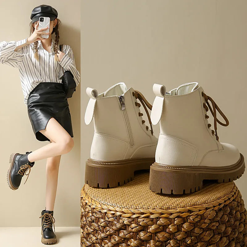 Women's winter Martin boots in beige cotton with mid heel, PU upper, and rubber sole