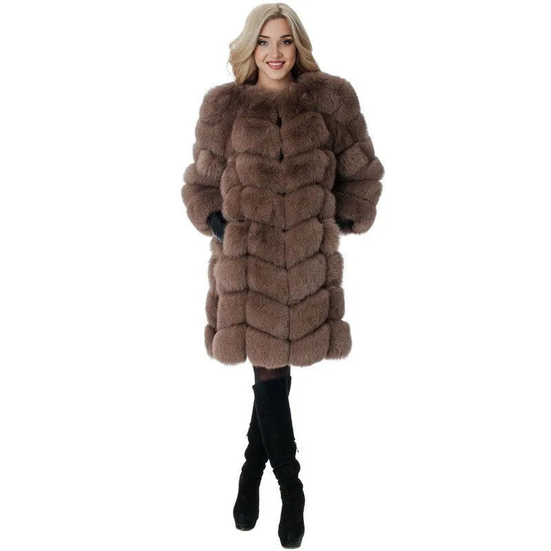 Women's long artificial fur coat in wine red colour showing full 80cm length