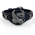 Black geometric leather bracelet with alloy eagle clasp showing tapered 1.7-3.8cm width
