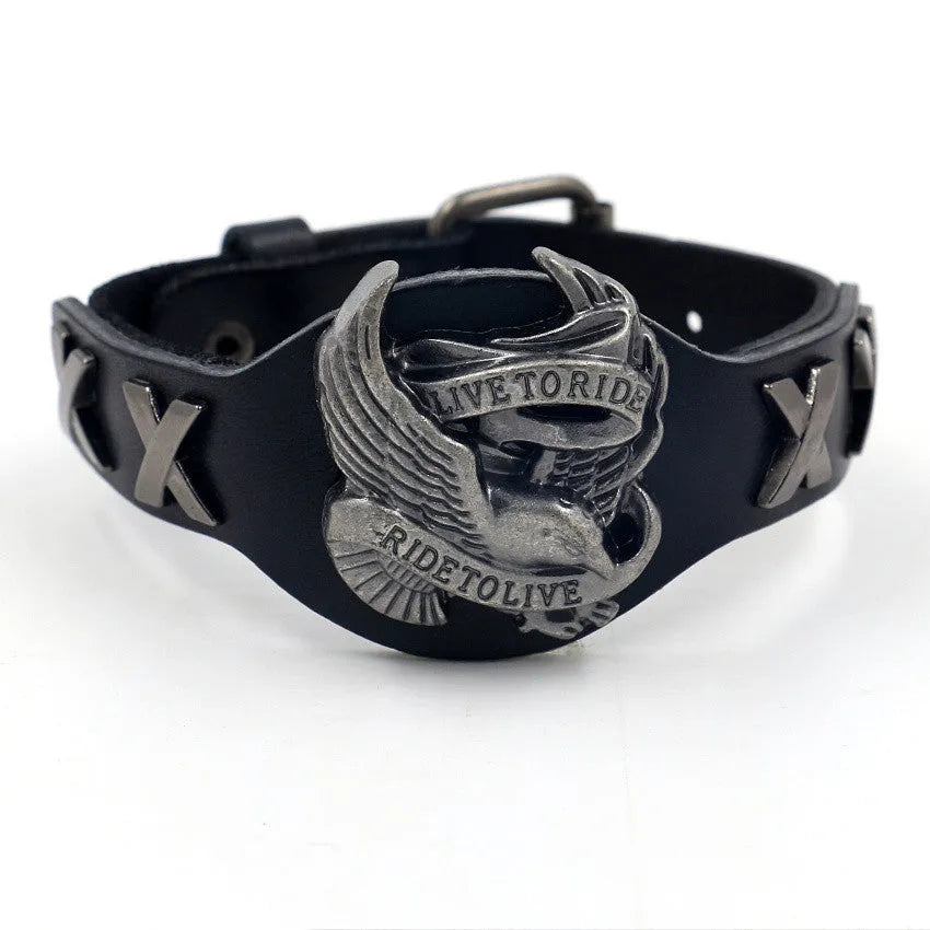 Black geometric leather bracelet with alloy eagle clasp showing tapered 1.7-3.8cm width