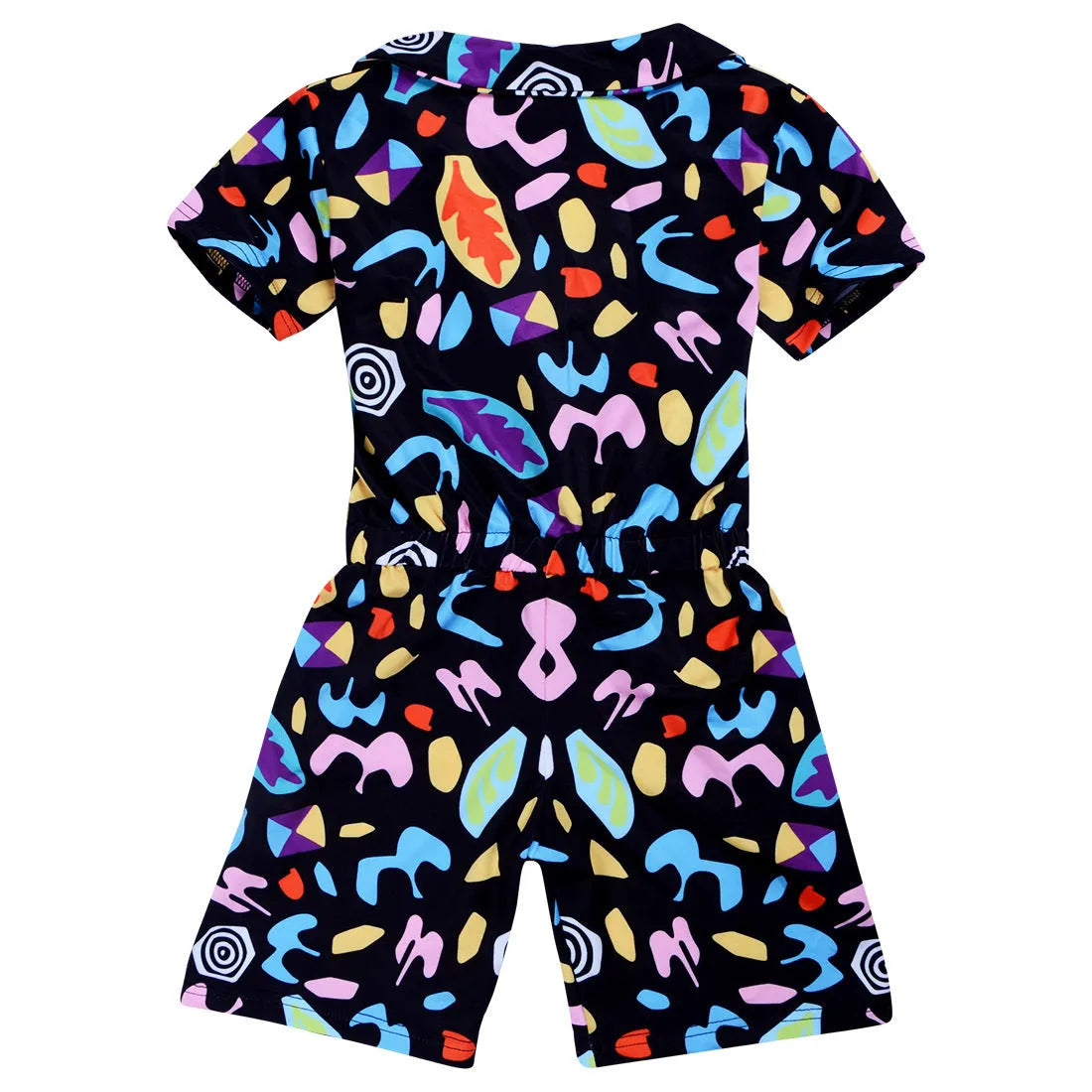 Girls' black short sleeve jumpsuit with cartoon pattern, cotton, sizes 120cm to 170cm