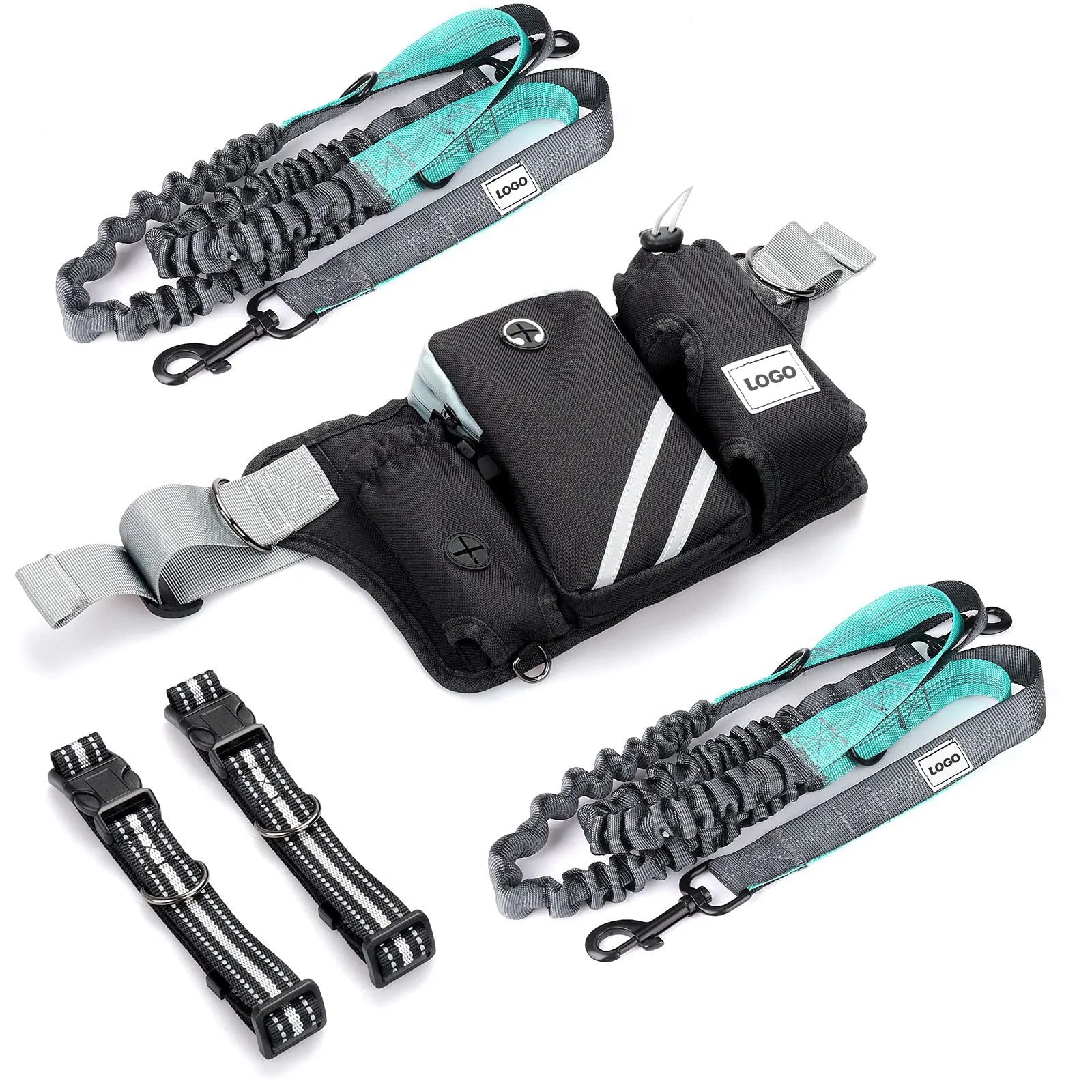 Black nylon outdoor dog walking set with waist bag, leash and collar for waterproof pet training