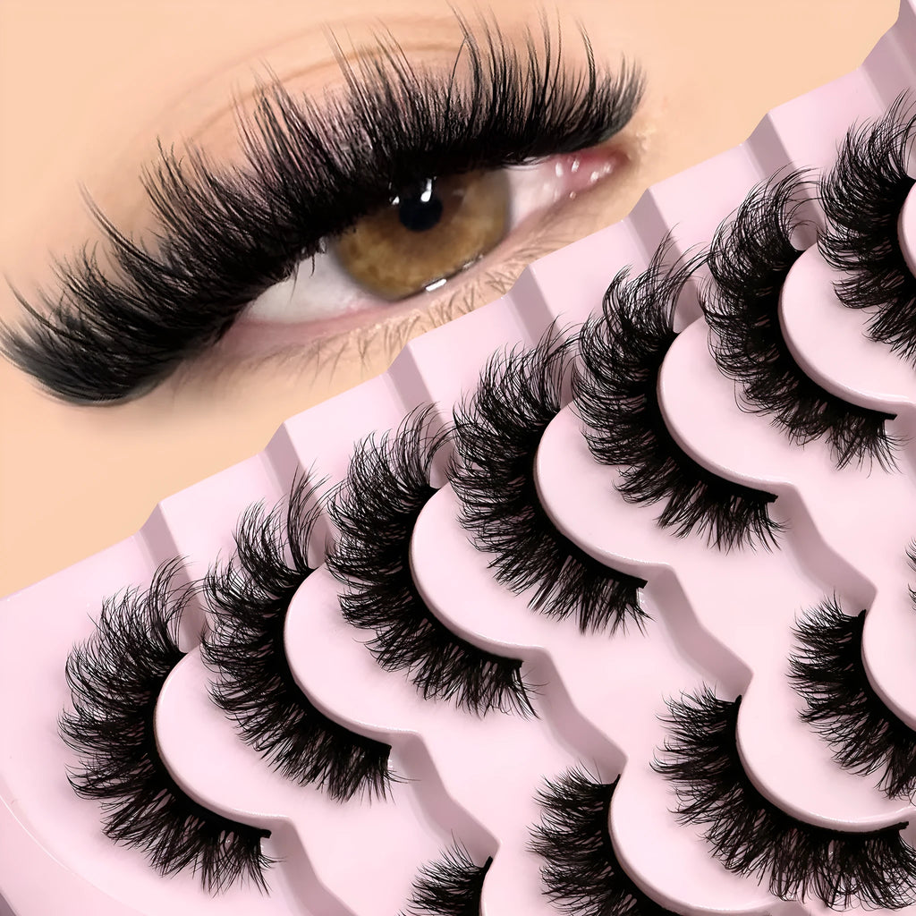 Box of natural false eyelashes showing six style variations with adhesive glue