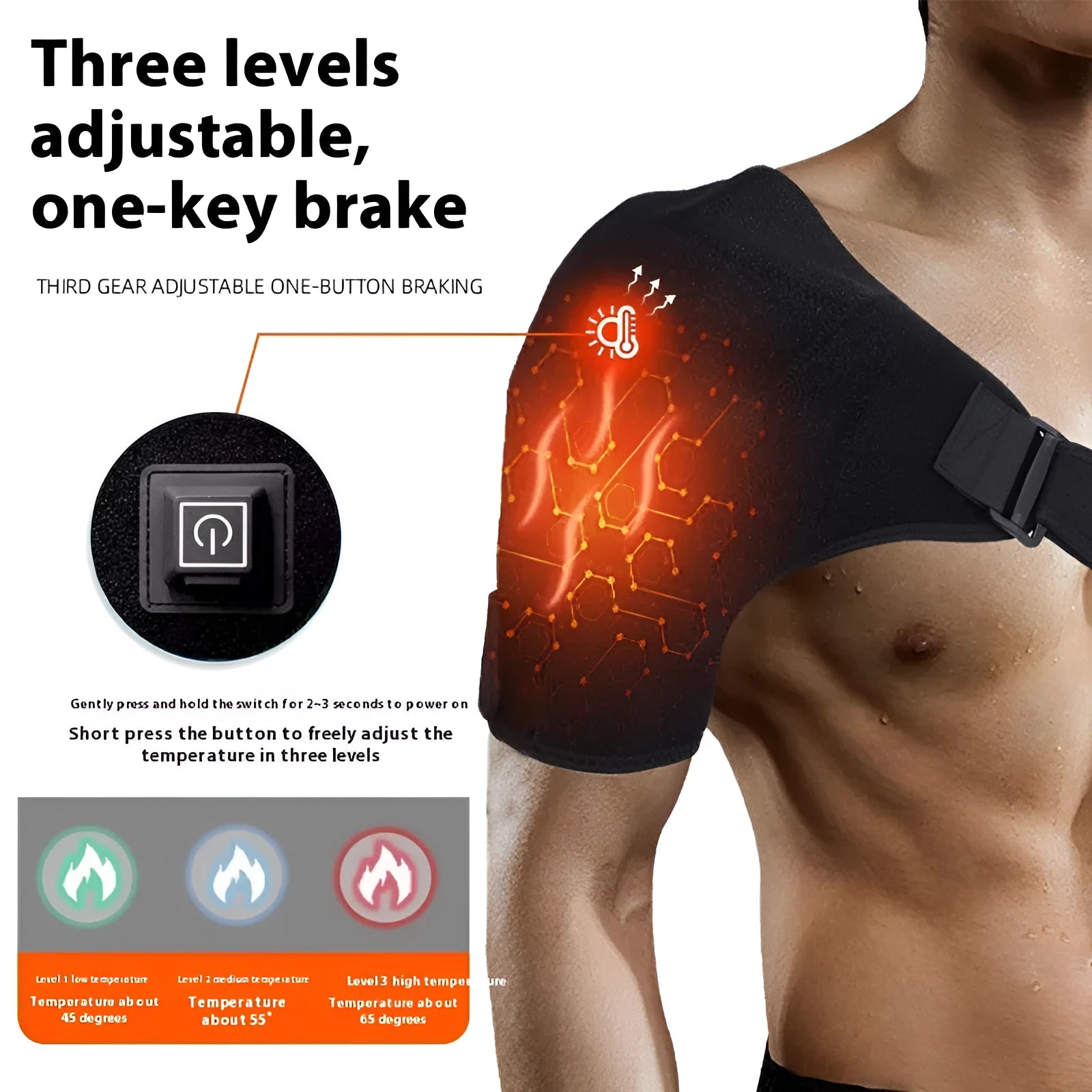 USB electric heating shoulder pad showing padded construction and plug connection