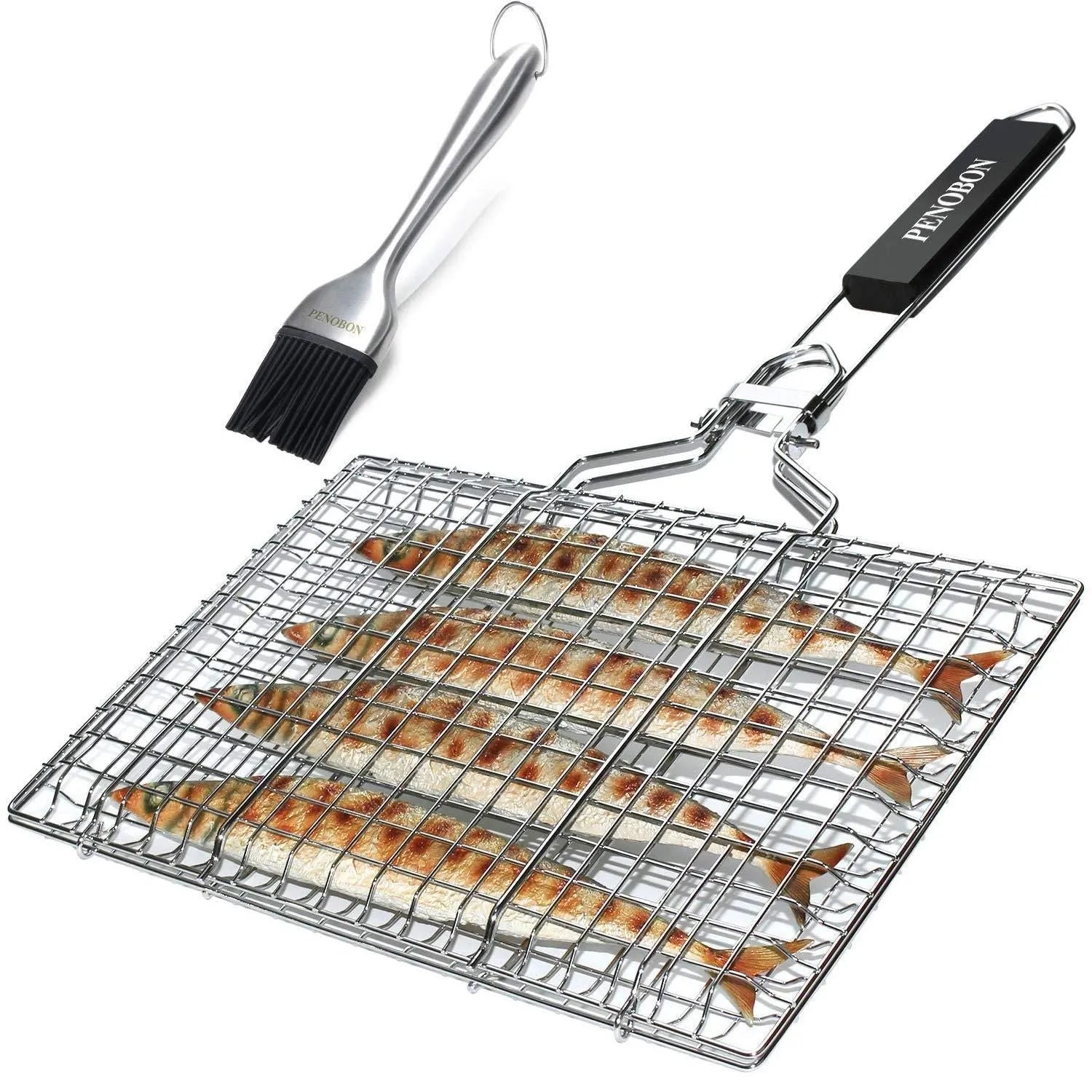 Square stainless steel folding barbecue mesh basket for grilling food outdoors.