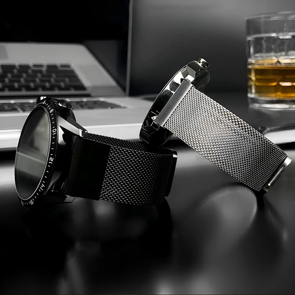Silver stainless steel replacement strap for Garmin Fenix watch with quick-release pins.