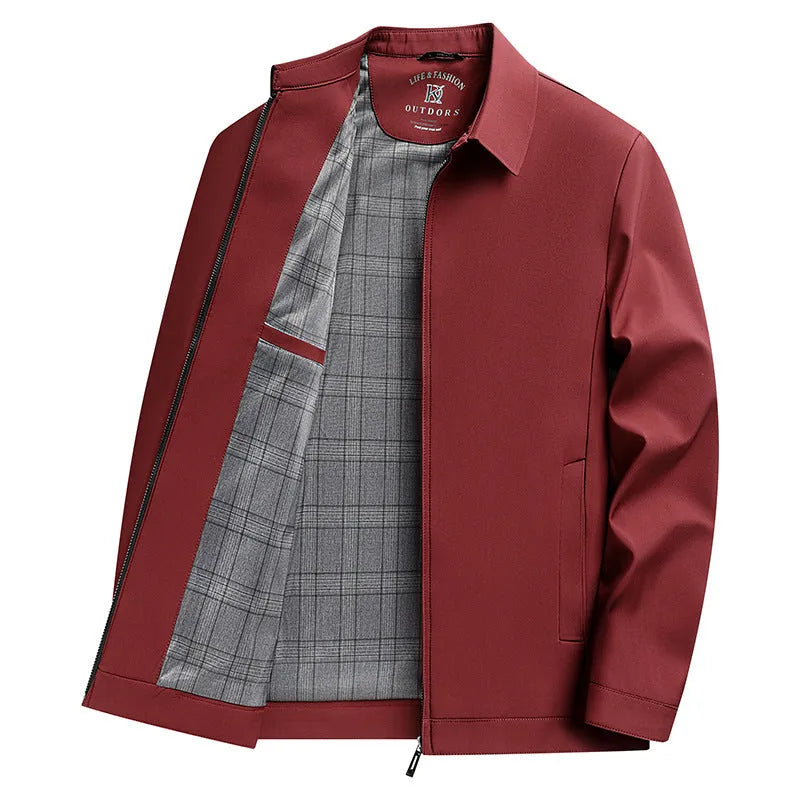 Men's solid colour casual jacket with polo collar and side pockets in khaki, navy, or red.