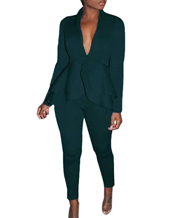 Business uniform two-piece set showing ruffled top with matching pencil pants in polyester fabric
