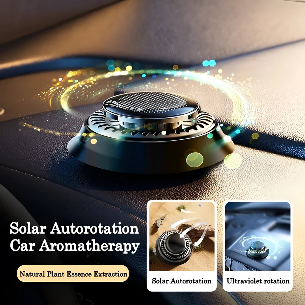 Solar-powered kinetic car air freshener with rotating double rings and wooden fragrance inserts