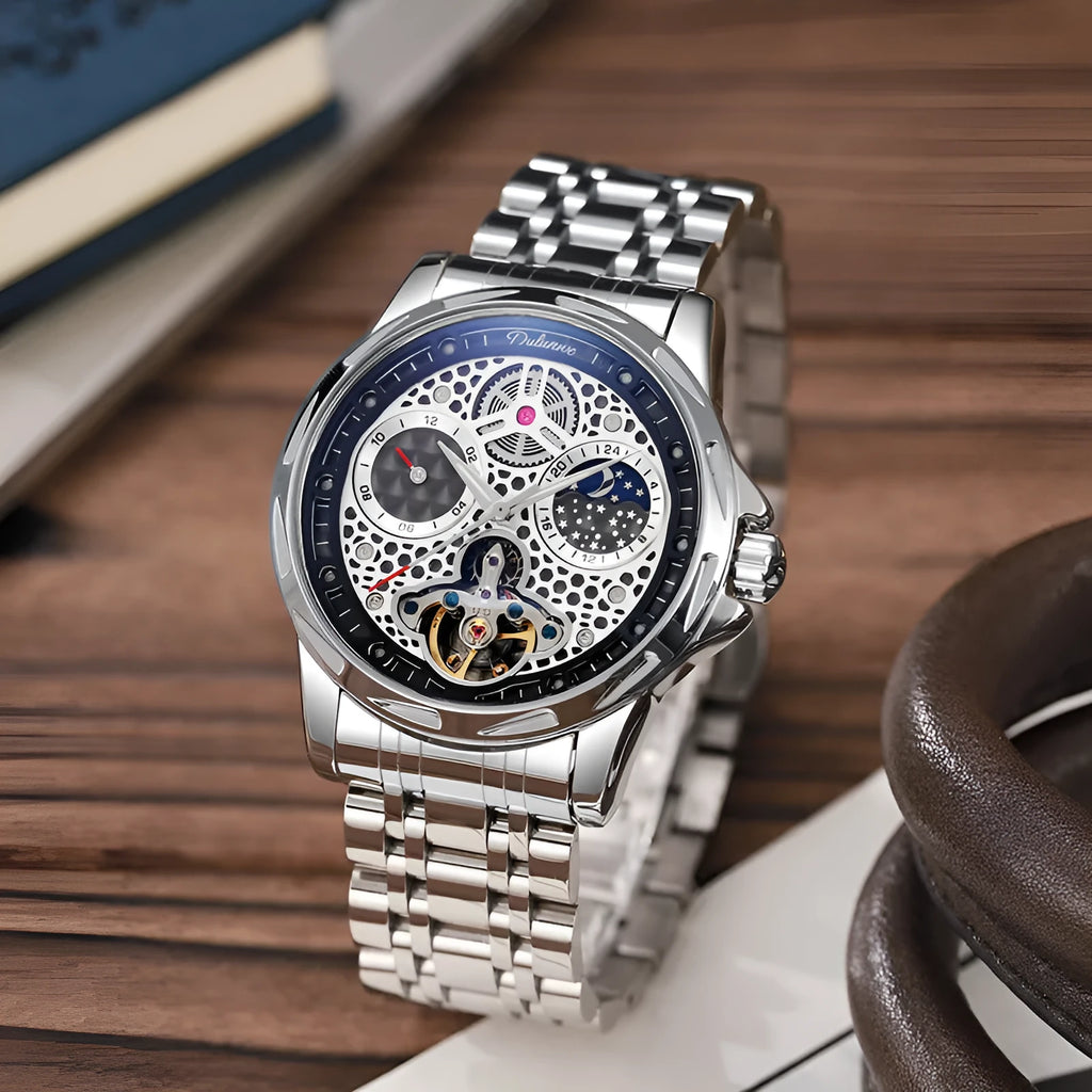 Men's waterproof automatic watch with luminous dial and steel bracelet, 13mm thickness
