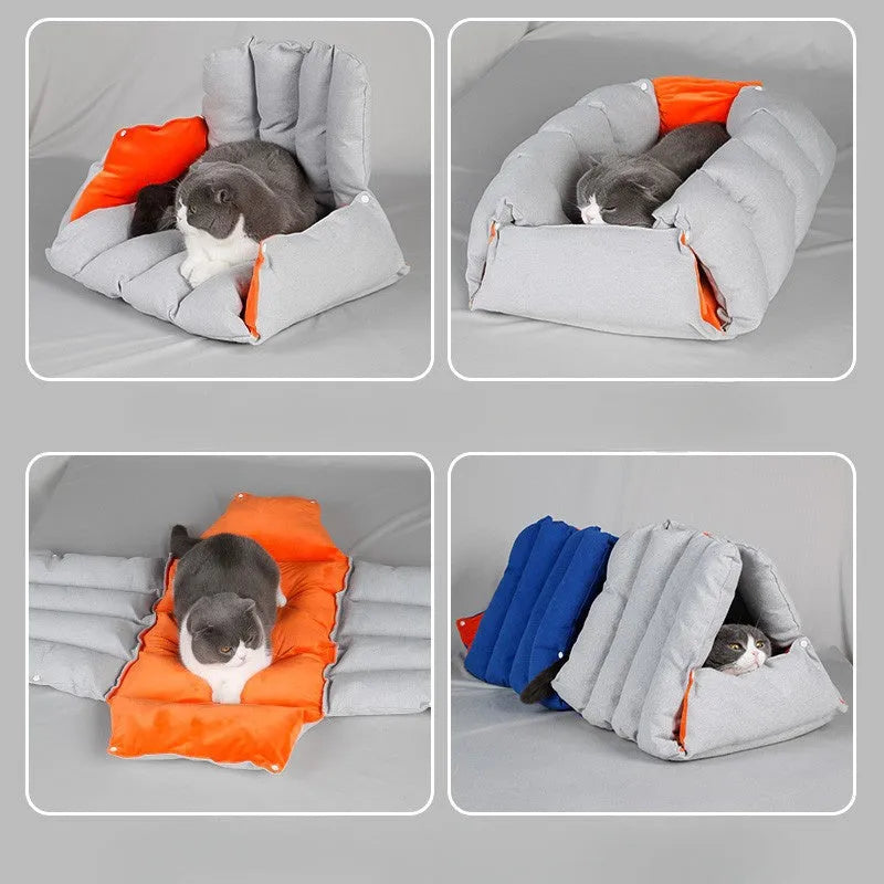 Triangular blue cat nest with drilled combination holes and removable cotton cover