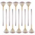 Ten professional champagne-coloured facial fan brushes with acrylic handles and protective covers.