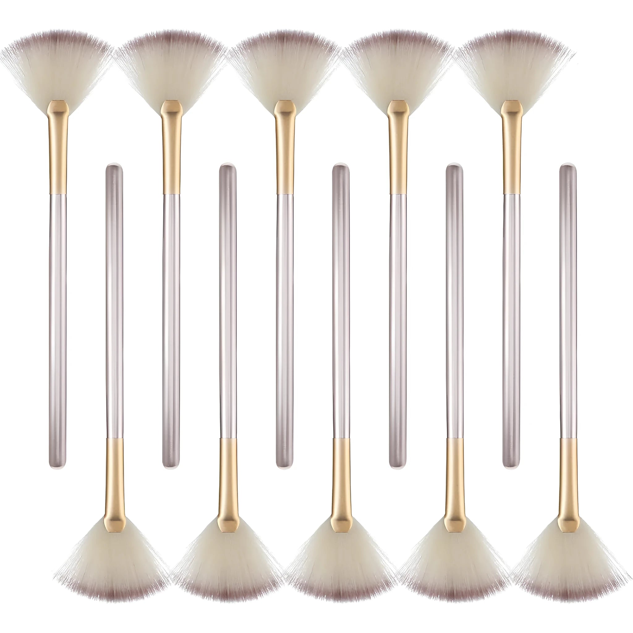 Ten professional champagne-coloured facial fan brushes with acrylic handles and protective covers.