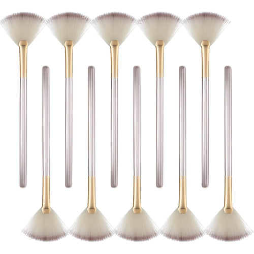 Ten professional champagne-coloured facial fan brushes with acrylic handles and protective covers.