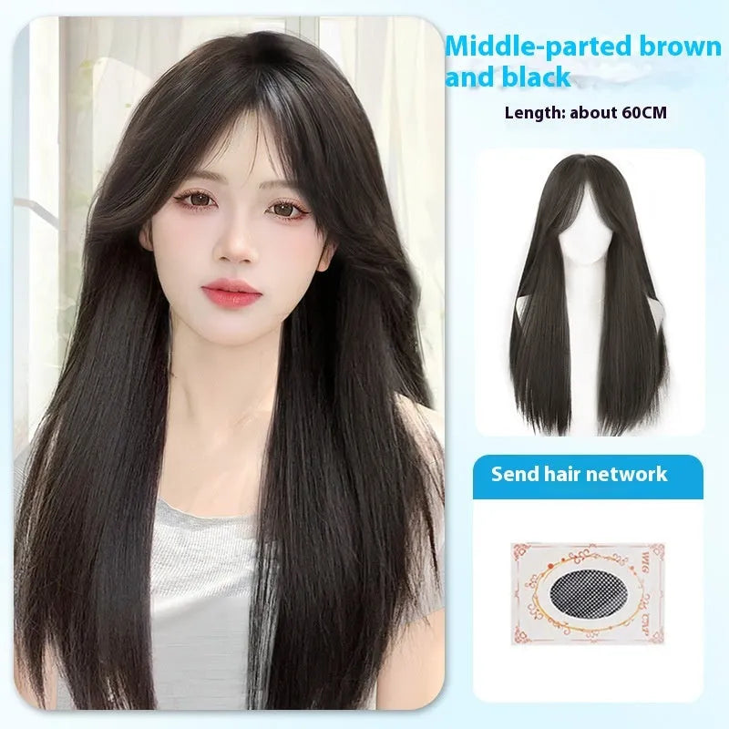 A long straight black synthetic wig with bangs, shown in brown black and cold brown colour options.