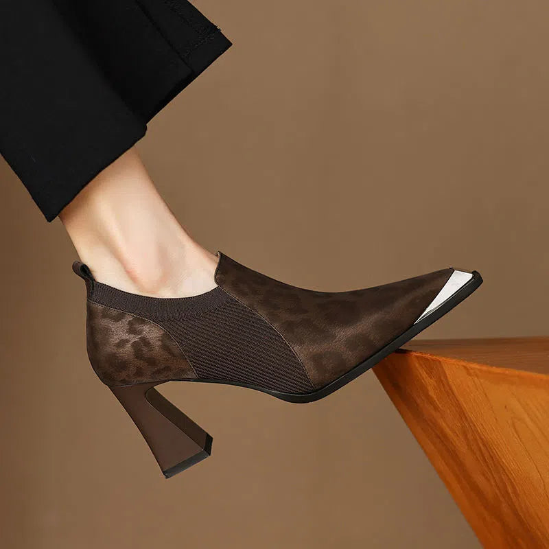 Women's leopard print high heels with chunky heel, pointed toe, PU upper, black or brown, sizes 35-40