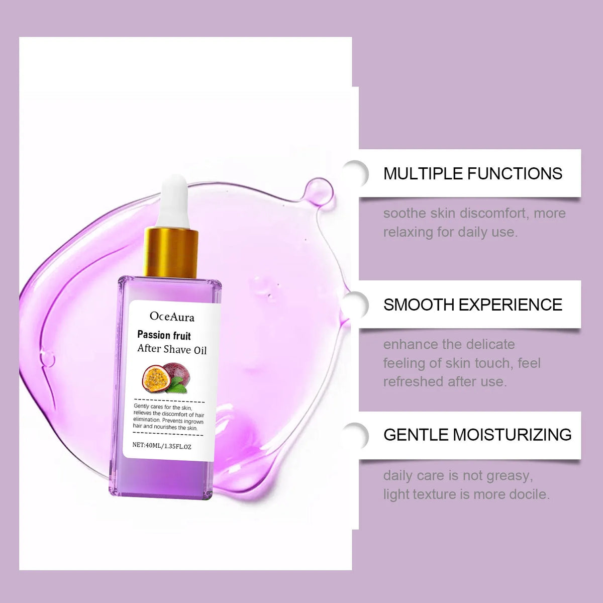 Pogonotomy after nourishing hydrating treatment oil with passion fruit in a 40ml bottle for facial hair care