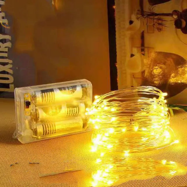 12-metre copper wire LED string light with battery box and 120 bulbs in various colour options