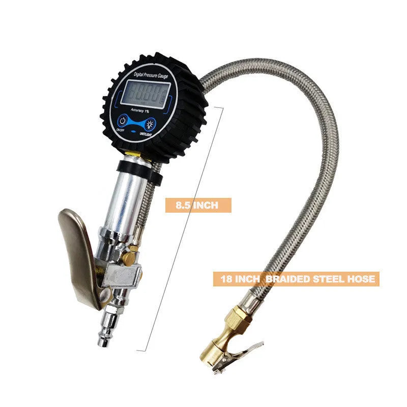 Digital tyre pressure gauge with metal braided hose and silver inflation gun, 200/250 psi, black and silver