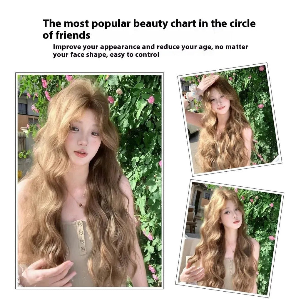 Linen brown synthetic wig with medium length curly style and included hair net