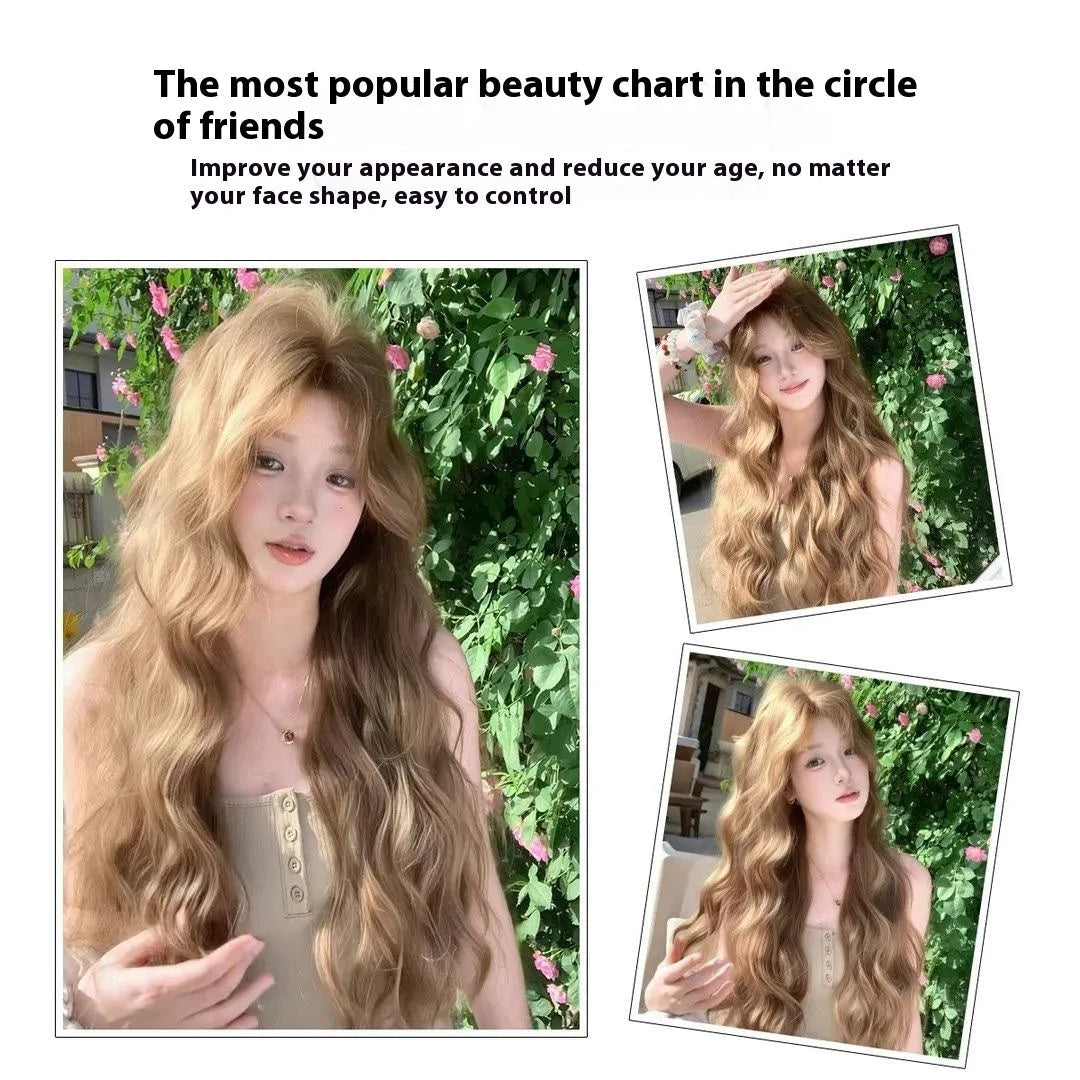 Linen brown synthetic wig with medium length curly style and included hair net