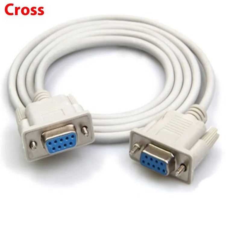 Milky white female-to-female DB9 serial cable with cross-wired RS232 configuration measuring 1.5 metres