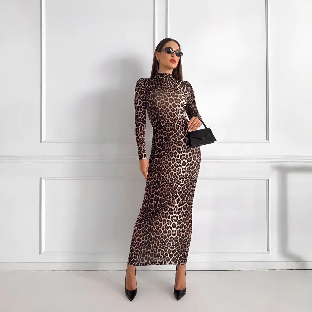 Women's leopard print long dress with stand collar, long sleeves and high waist hip skirt design