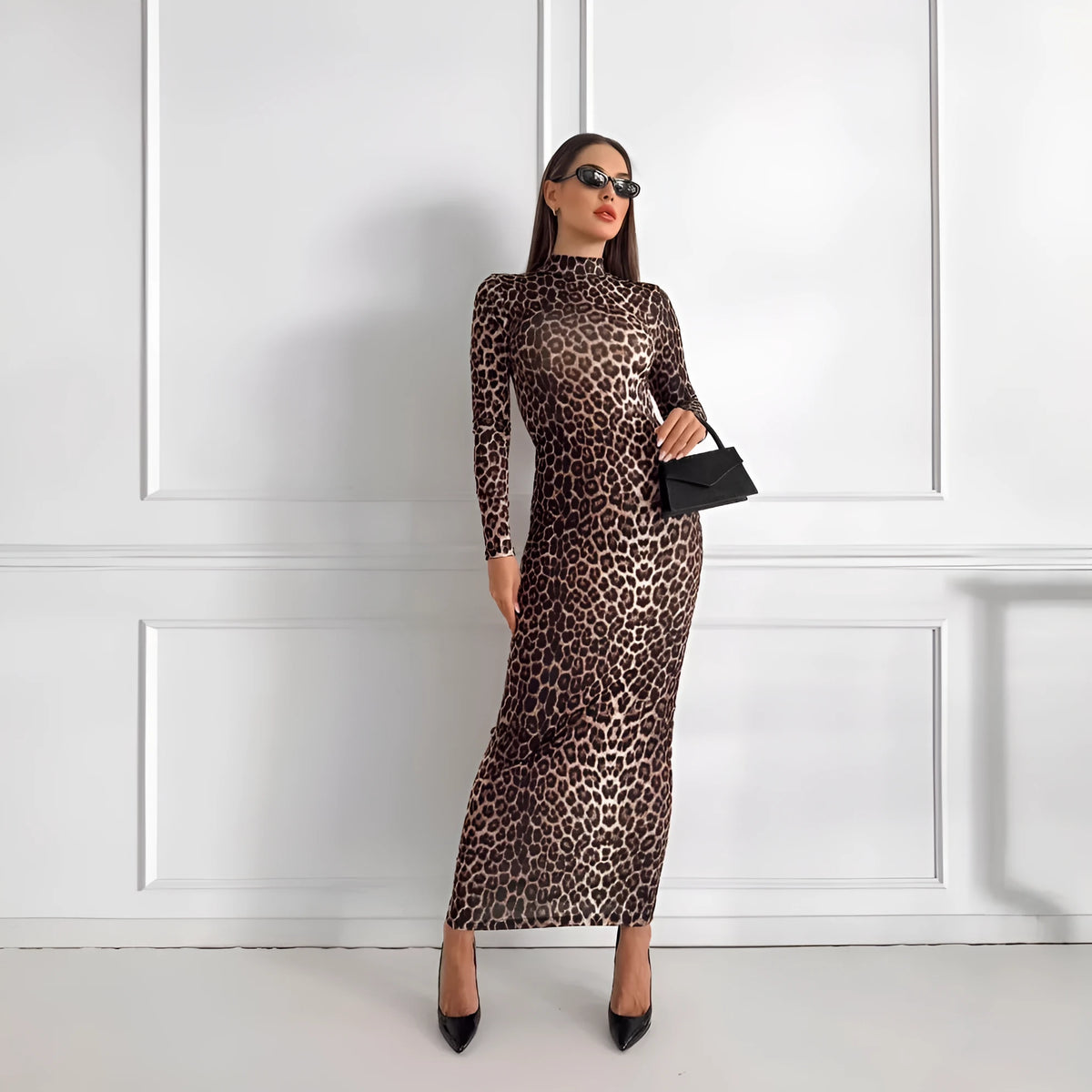 Women's leopard print long dress with stand collar, long sleeves and high waist hip skirt design