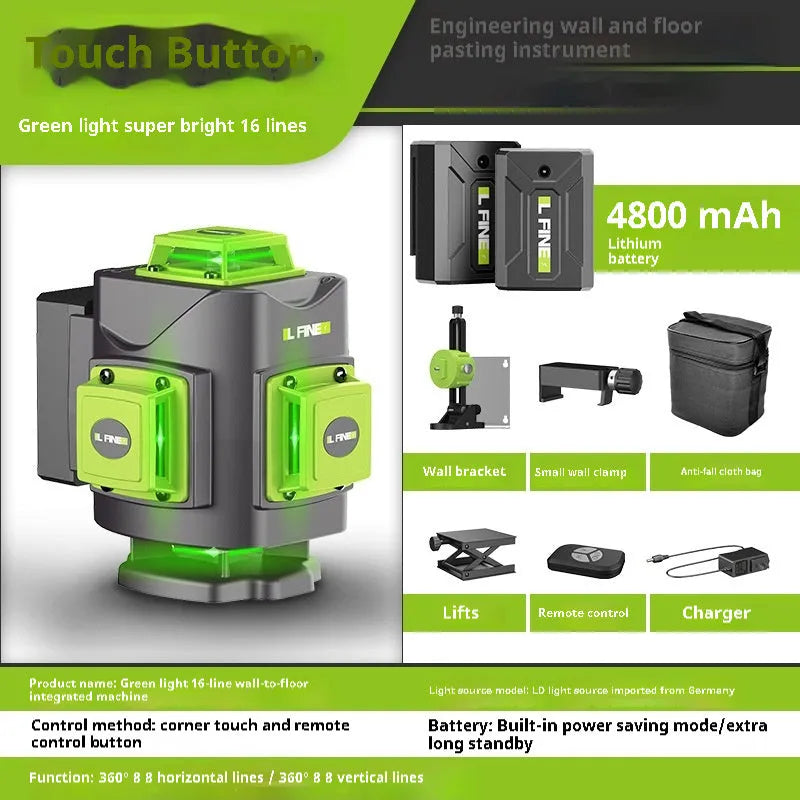 Green 16-line 3D self-levelling laser level tool on a work surface.