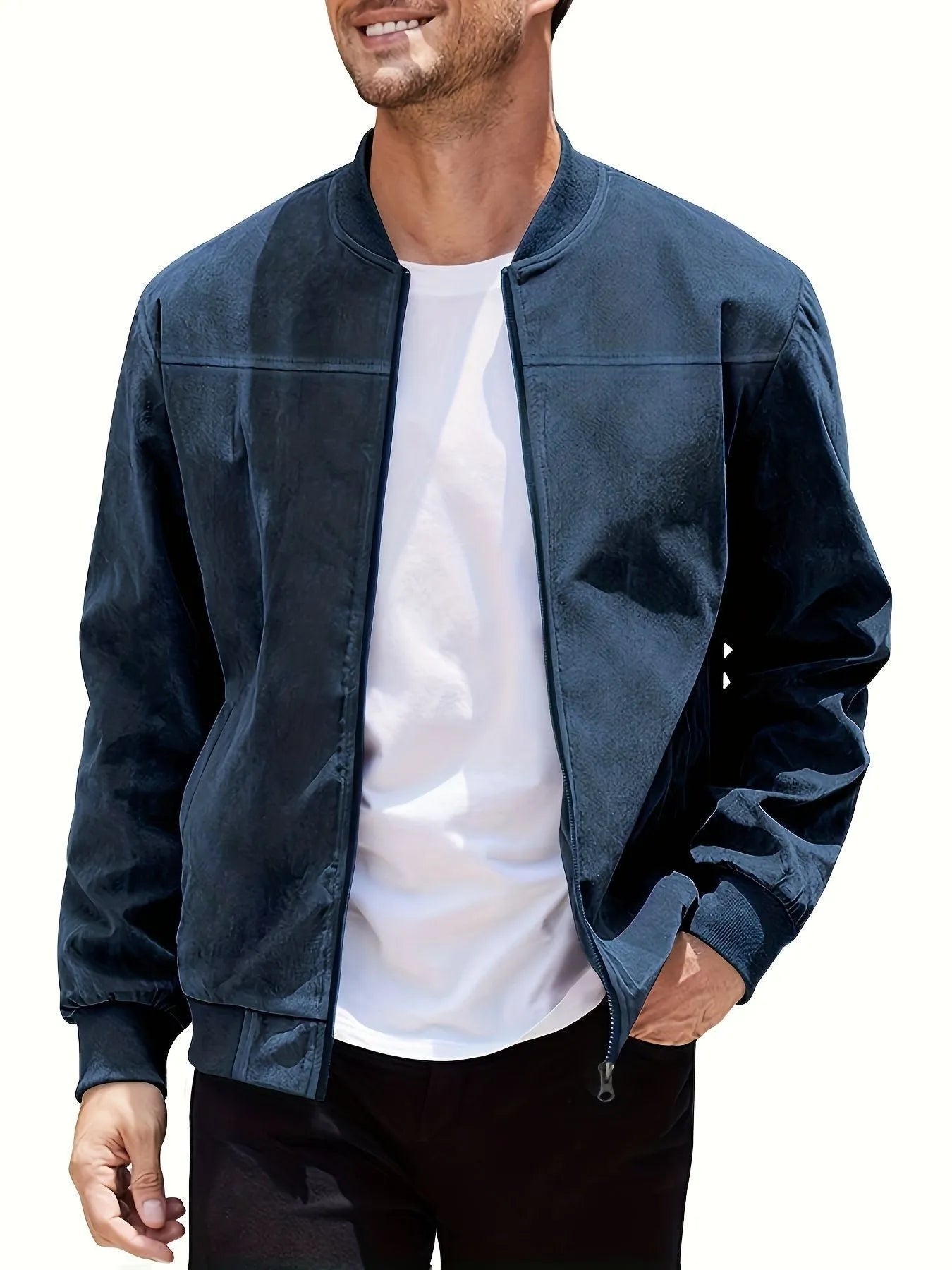 Men's plus size suede casual jacket with a zipper, shown in Army Green colour.