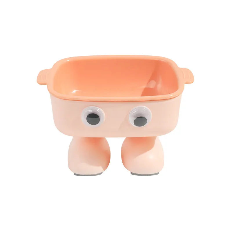 Green cartoon robot shaped elevated cat bowl with a tilted, detachable inner food dish.