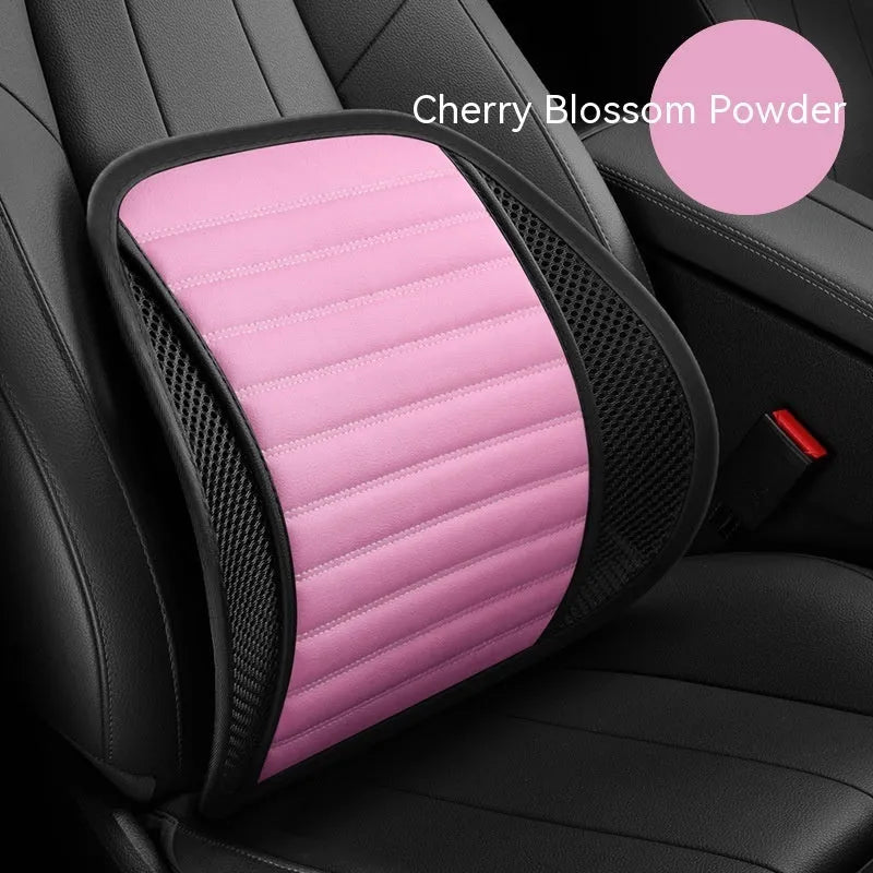 Leather lumbar support cushion for car seats and office chairs shown in one of five colours: sapphire blue, amber brown, black, ivory, or pink.