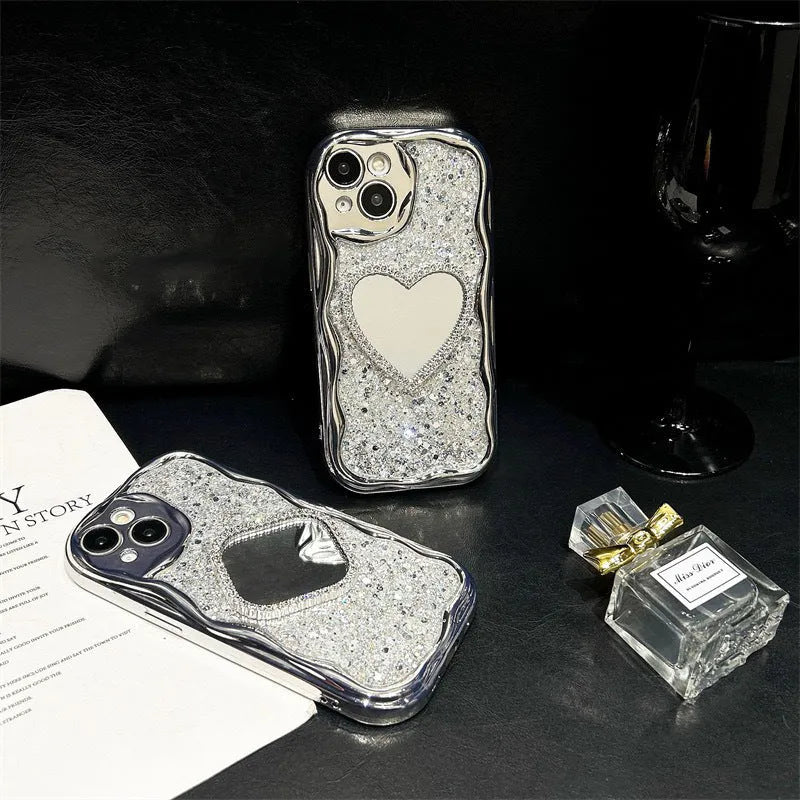 Silver grey TPU phone case with heart-shaped mirror insert and cream high flash epoxy shell for iPhone