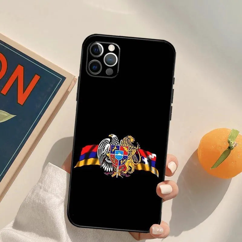 Black TPU soft shell phone case with Armenian flag design, compatible with iPhone 14 series models.