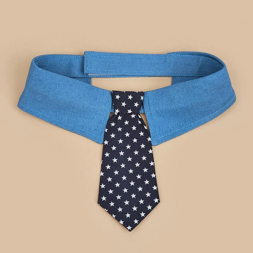 Denim dog collar with star pattern and attached bow accessory on adjustable fastener tape