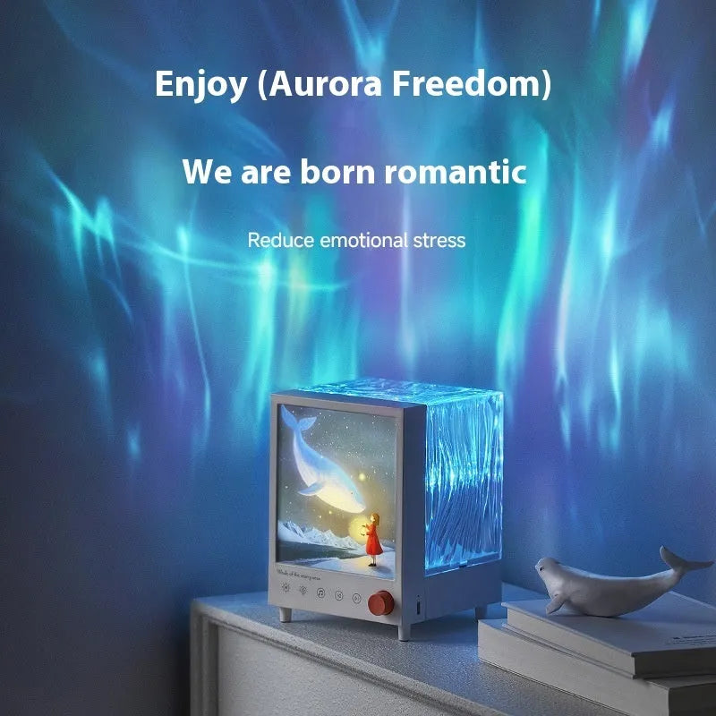 Aurora Treasure Box atmosphere projection lamp with Bluetooth speaker showing Star Sea Whale light theme