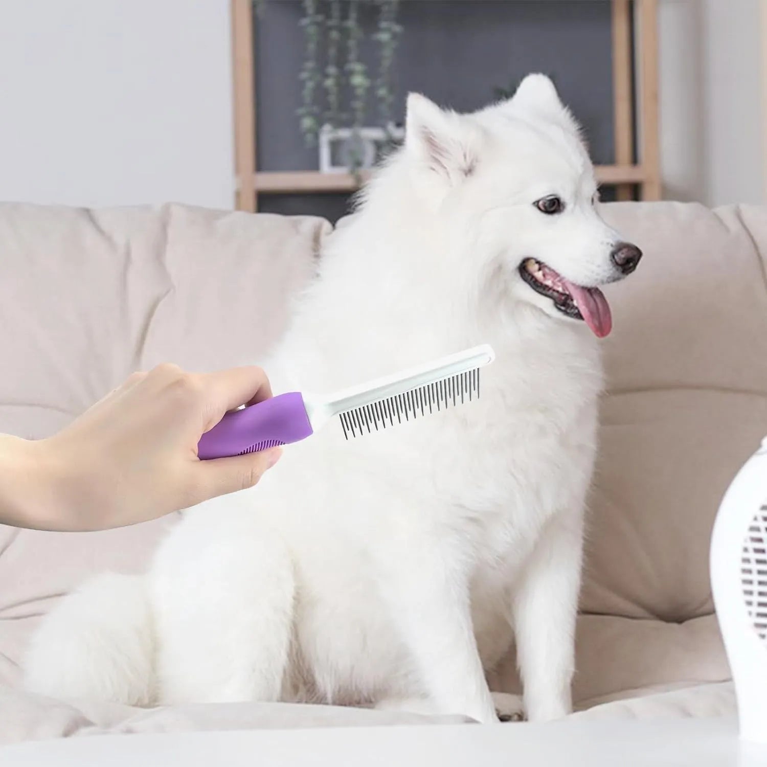 Purple pet detangling comb with stainless steel teeth for dogs and cats on white background