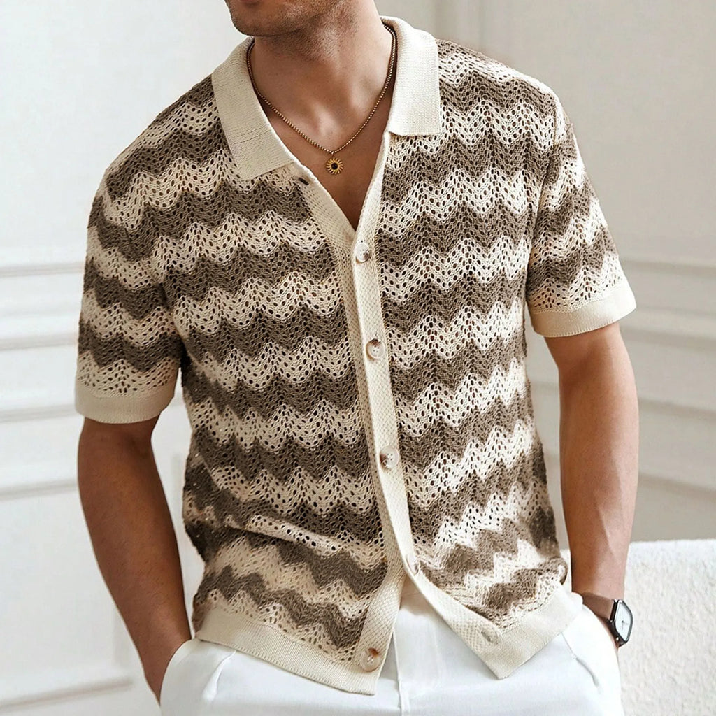 Man modelling a yellow short sleeve sweater with a textured corrugated jacquard pattern, suitable for summer.
