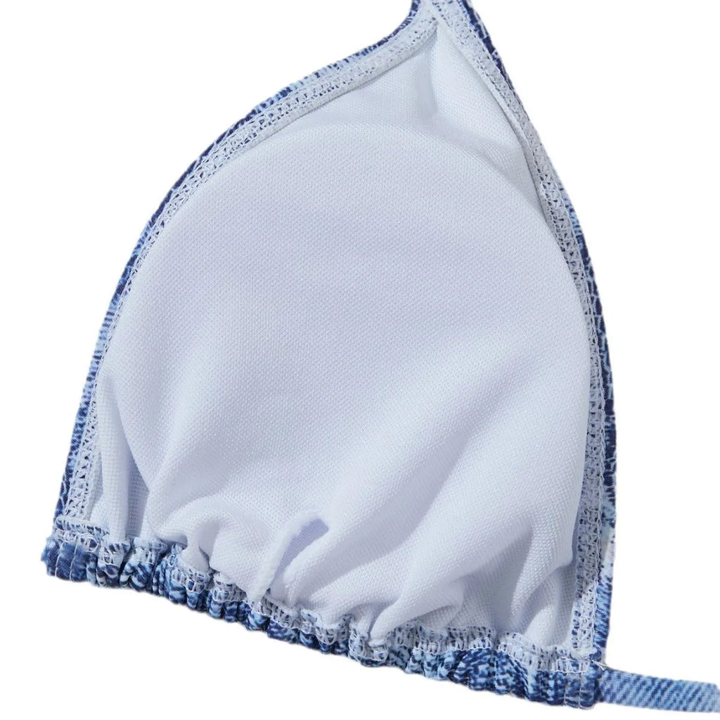 Women's denim blue printed two-piece bikini set with adjustable straps in nylon spandex fabric
