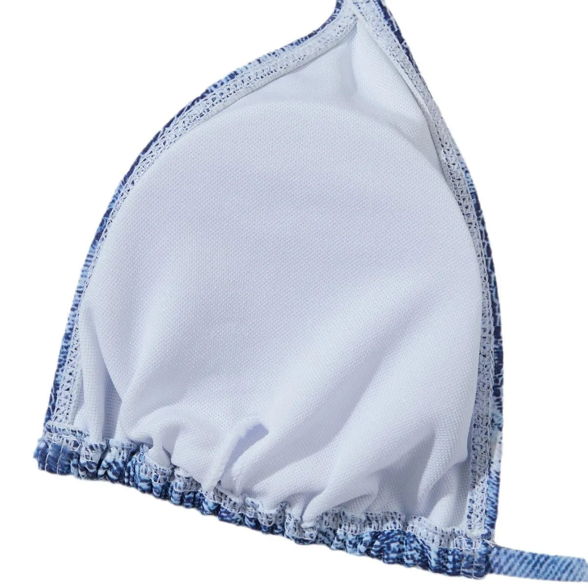 Women's denim blue printed two-piece bikini set with adjustable straps in nylon spandex fabric