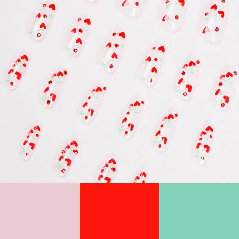 French love red diamond small cherry nail art decorations, 24 armour sheets with adhesive glue