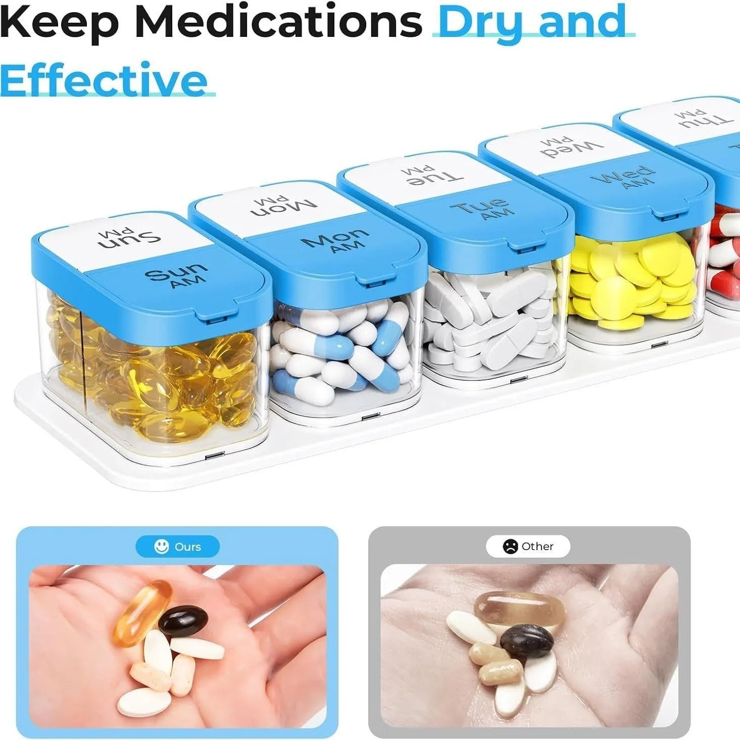 White and rainbow coloured portable pill box with 14 removable grid compartments, shown detached.