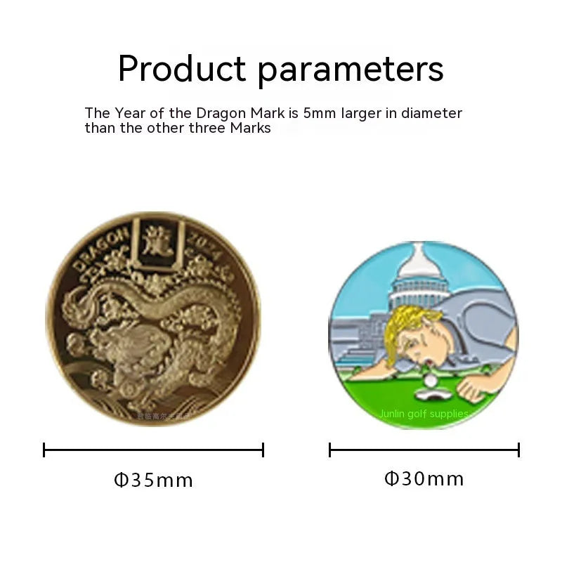 Zinc alloy golf hat clip with personalised painted metal designs including Dragon Year pattern.