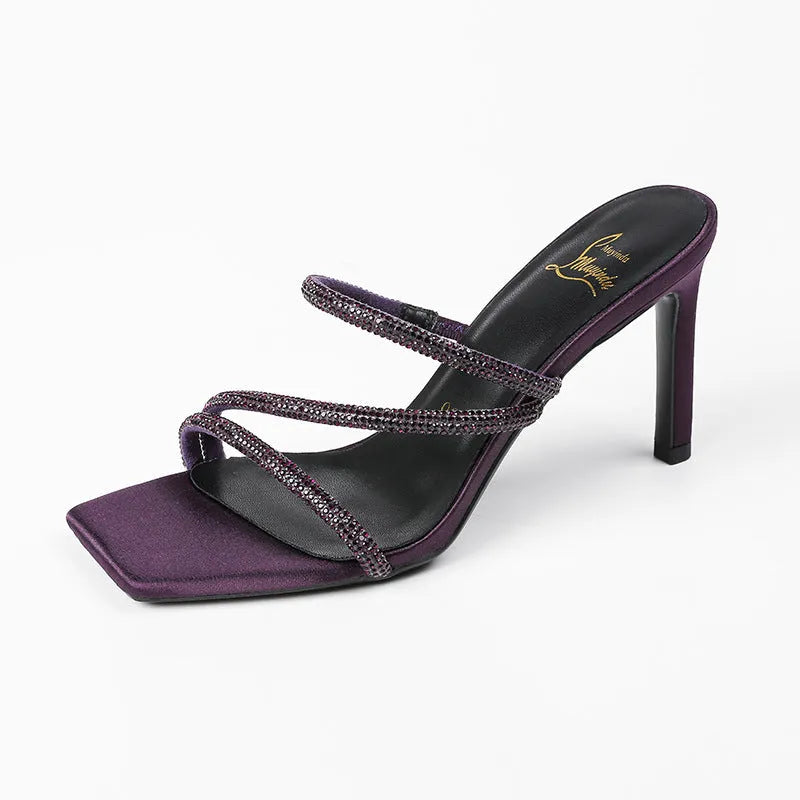 Women's 8cm stiletto sandals with square toe, satin upper, rubber sole, in purple or silver