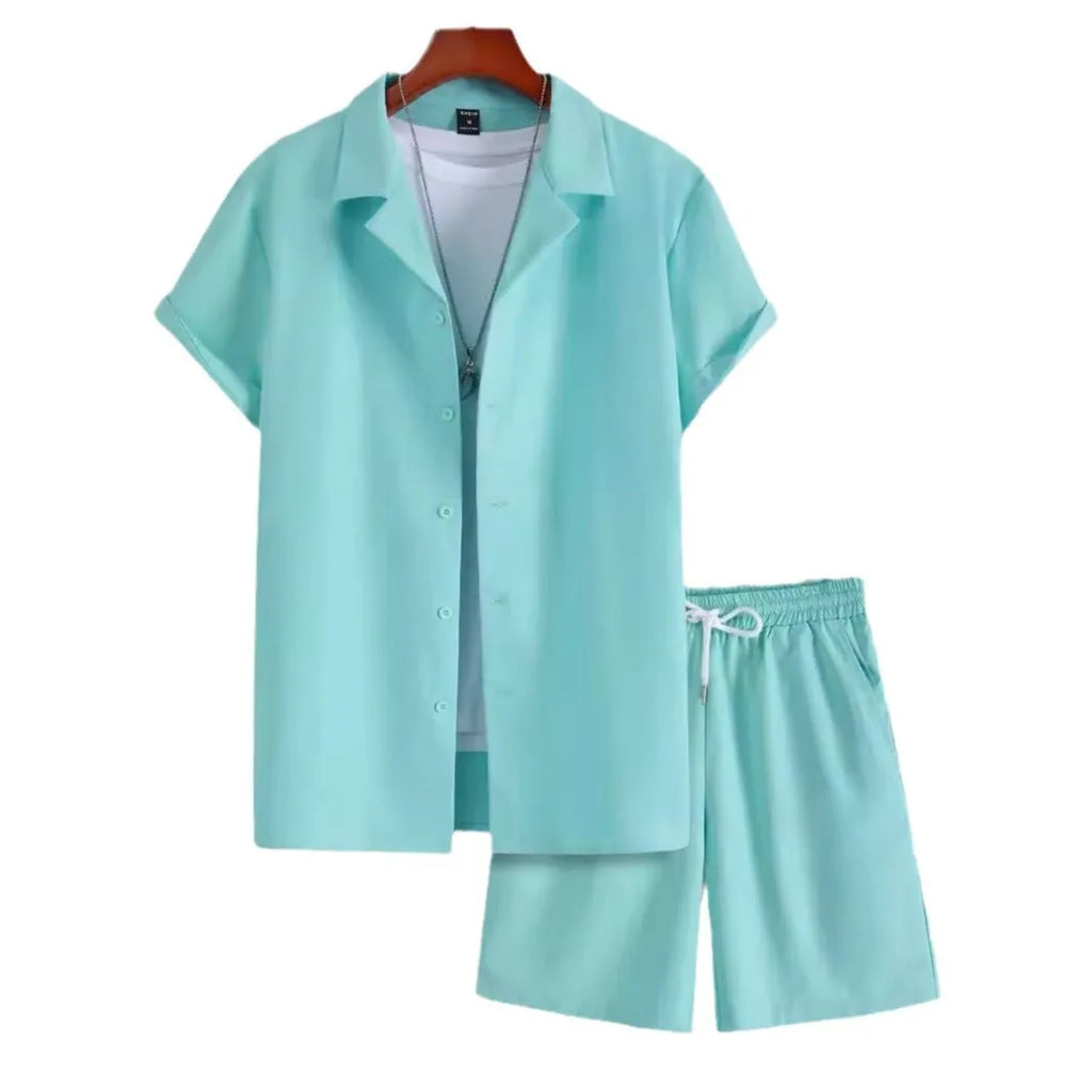 Men's short sleeve Cuban collar sport shirt and matching shorts in lightweight polyester fabric