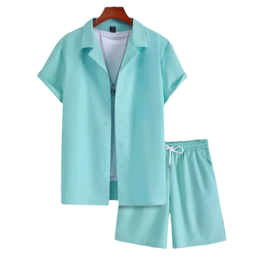 Men's short sleeve Cuban collar sport shirt and matching shorts in lightweight polyester fabric