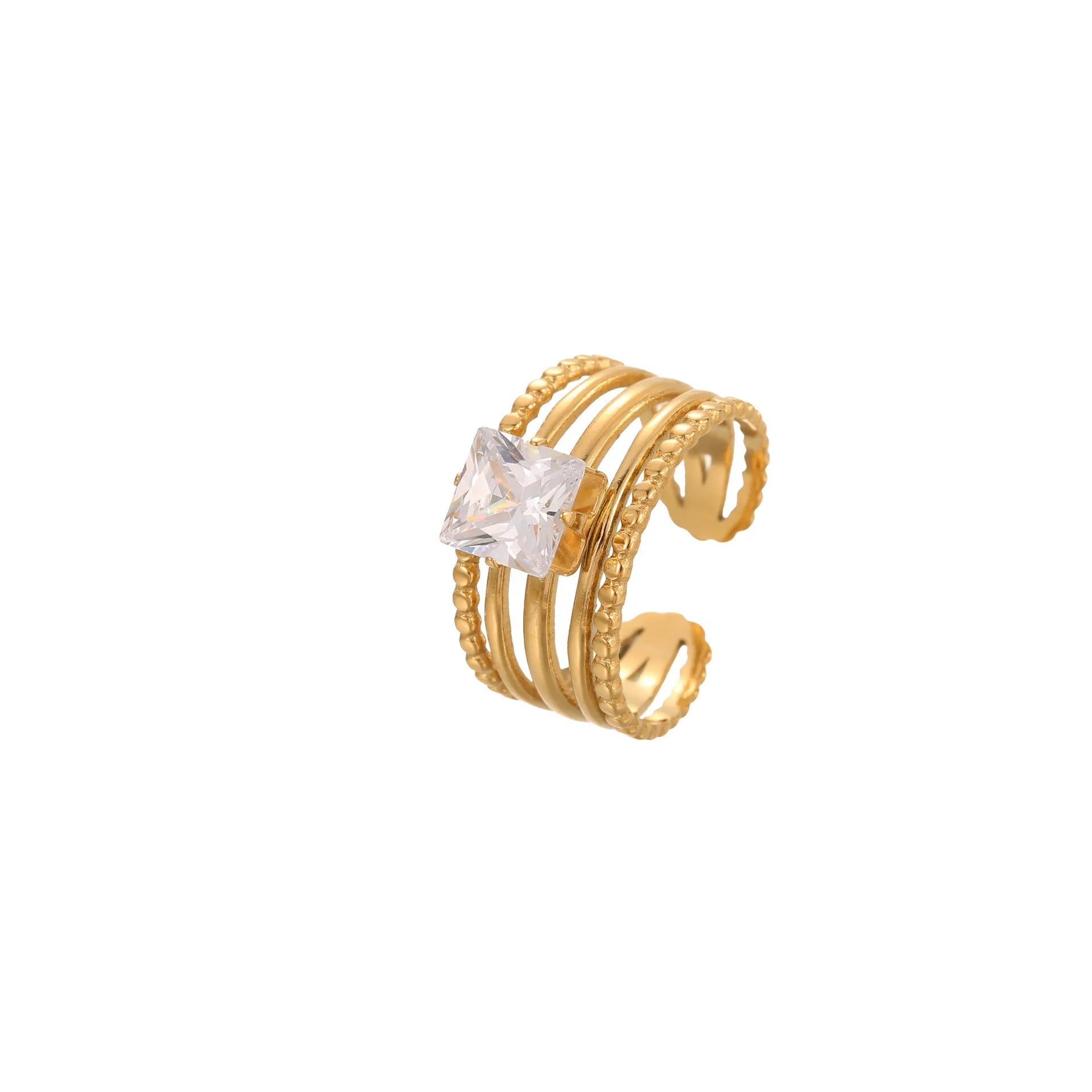 Gold plated stainless steel geometric heart ring with zircon stones and adjustable open mouth design.