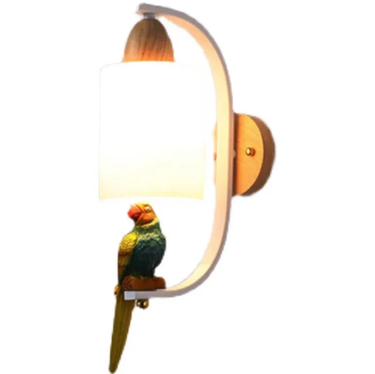 Bird wall lamp with iron and wood body, glass shade, spray-painted finish, 42x21x12cm